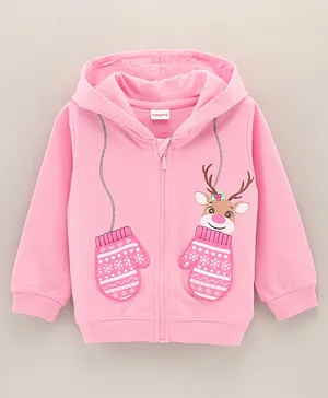 Babyhug Full Sleeves Hooded Sweatjacket Deer Glitter Print with Applique - Pink