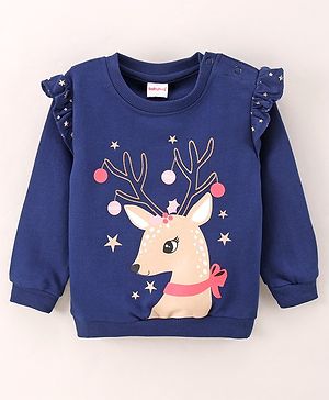 Babyhug Full Sleeves Sweatshirt With frill and Deer Print Along With Sequence - Blue