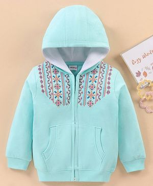 Babyhug Full Sleeves Embroidered Sweat Jacket - Sky Blue