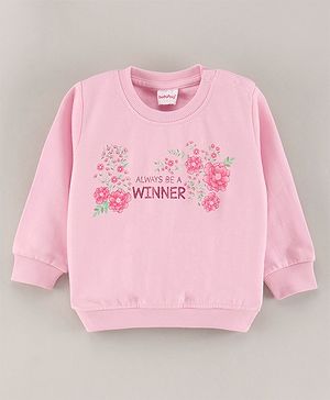 Babyhug Full Sleeves Knit Sweatshirt Text & Floral Print - Pink