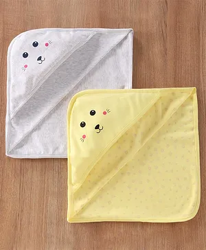 Doodle Poodle 100% Cotton Hooded Bath Towel  Dog Face Printed Pack of 2 - Yellow White