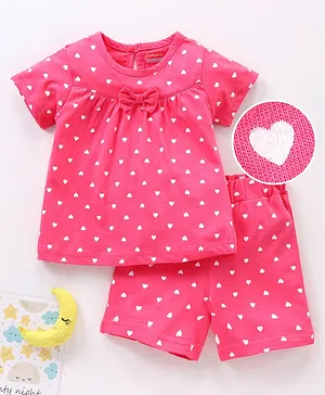 Babyhug Half Sleeves Top & Shorts Heart Print With Bow Applique - Pink
