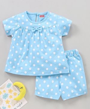 Babyhug Cotton Half Sleeves Night Suit Polka Dots Print - Blue