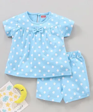Babyhug 100%  Cotton Half Sleeves Night Suit Polka Dots Print - Blue