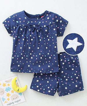 Babyhug Cap Sleeves Tee With Shorts Star Print & Bow Applique- Blue