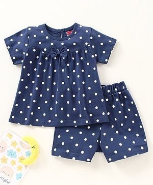 Babyhug Half Sleeves Top & Shorts Set Polka Print - Navy Blue