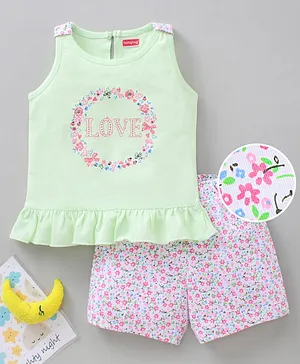 Babyhug Sleeveless Top & Shorts Set Floral Print - Light Green
