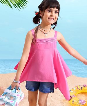 Babyhug Rayon Sleeveless Solid Top With Lace Detailing- Neon Pink