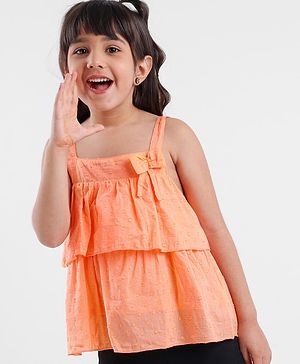 Babyhug Sleeveless Swiss Dot Woven Top With Bow & Frill Detailing - Peach