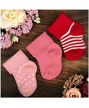 NEXT2SKIN Set Of 3 Polka Dots Design And Striped Detail Ankle Length Socks - Baby Pink Peach Red