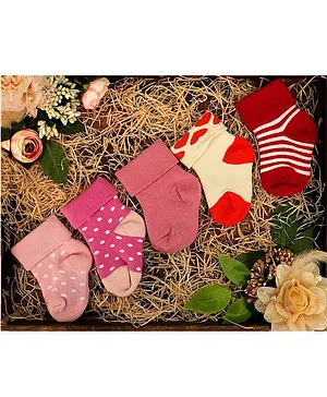 NEXT2SKIN Set Of 3 Polka Dots Hearts Solid And Striped Detailed Ankle Length Socks - Baby Pink Peach Cream Red