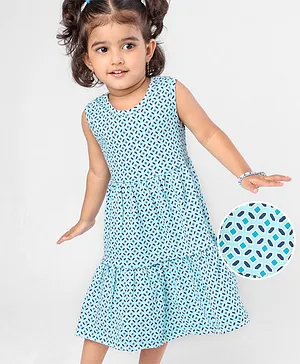 Earthy Touch Knit Sleeveless Cotton Dress Printed - Blue