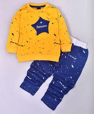 Kiwi Star Applique & Print Full Sleeves Tee With Lounge Pants - Yellow