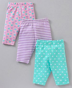 Babyhug Three Fourth Length Cotton Knit Leggings Stripes & Heart Print Pack of 3 - Multicolour
