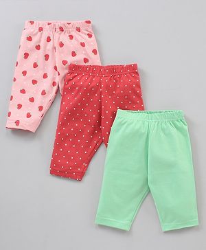 Babyhug Cotton Knit Three Fourth Length Leggings Solid & Strawberry Printed Pack Of 3 - Multicolour