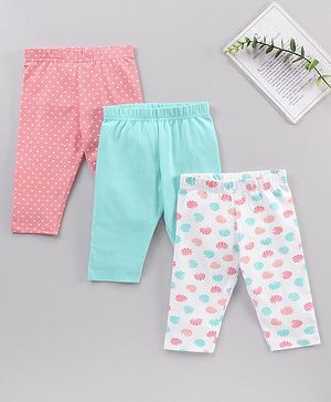 Babyhug Cotton Knit Three Fourth Length Leggings Polka Dots And Solid Pack of 3 - Pink Light Blue & White