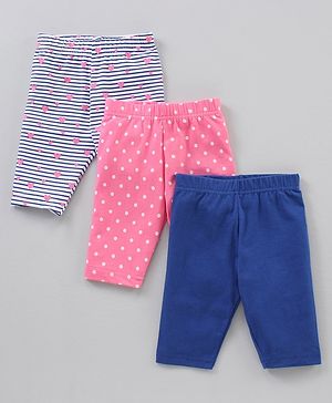 Babyhug Cotton Knit Three Fourth Length Leggings Solid & Multi Print Pack of 3 - Multicolour