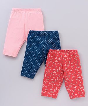 Babyhug Cotton Knit Three Fourth Length Leggings Solid & Floral Printed Pack Of 3 - Multicolour