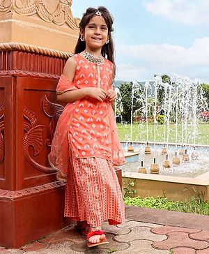 Babyhug Sleeveless Printed Kurti & Skirt Set With Dupatta- Peach
