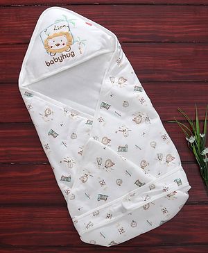 Babyhug Cotton Hooded Wrapper Lion Print - White