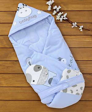 Babyhug Hooded Wrapper Cow Applique - Blue