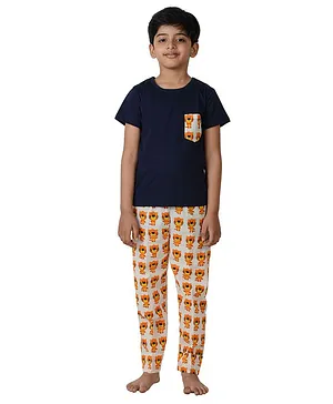 Frangipani Kids Half Sleeves Tumbling Tigers Print Night Suit - Black Orange