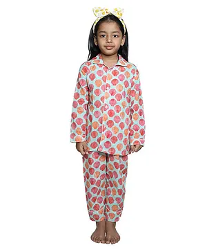 Frangipani Kids Full Sleeves Sea Shells Printed Night Suit - Aqua Pink & Orange