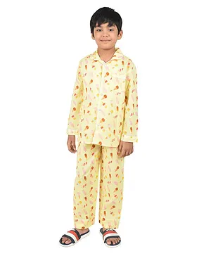 Frangipani Kids Full Sleeves Ice Cream & Dollies Printed Night Suit - Yellow & Brown