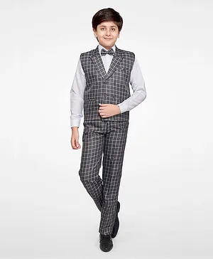 Jeet Ethnics Full Sleeves Checks Print 3 Piece Party Suit With Attached Bow Tie - Grey