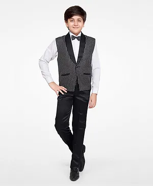 Jeet Ethnics Full Sleeves Checks Print 3 Piece Party Suit With Attached Bow Tie - Black