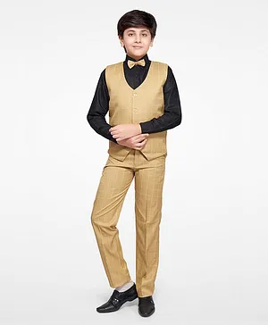 Jeet Ethnics Full Sleeves Checks Print 3 Piece Party Suit With Attached Bow Tie - Beige