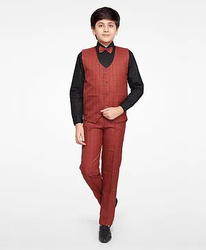Jeet Ethnics Full Sleeves Checks Print 3 Piece Party Suit With Attached Bow Tie - Red