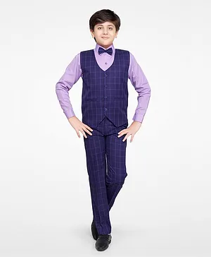Jeet Ethnics Full Sleeves Checks Print 3 Piece Party Suit With Attached Bow Tie - Navy Blue