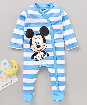 Babyhug Full Sleeves Sleepsuit Mickey Mouse & Stripe Print - Blue