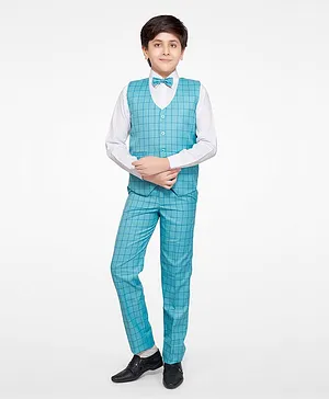 Jeet Ethnics Checked Waistcoat With Full Sleeves Shirt & Pants - Turquoise Blue