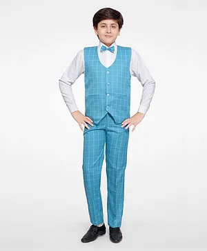 Jeet Ethnics Checked Waistcoat With Full Sleeves Shirt & Pants - Blue