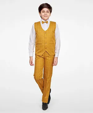 Jeet Ethnics Checked Waistcoat With Full Sleeves Shirt & Pants - Mustard Yellow