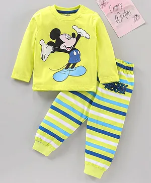 Disney by Babyhug Full Sleeves Cotton Mickey Mouse Graphic Night Suit - Lime