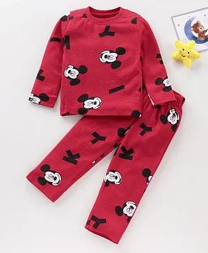 Disney by Babyhug Full Sleeves Night Suit Mickey Mouse Print - Red