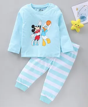 Disney By Babyhug Cotton Full Sleeves Nightsuit Micky Mouse & Friend Print - Blue