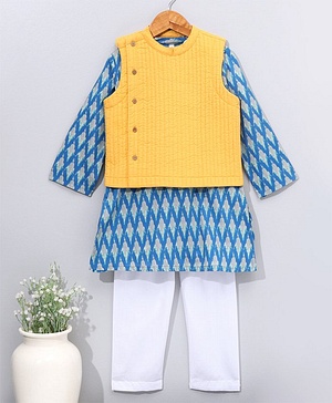 Babyhug Woven Full Sleeves Kurta Pyjama Set with Solid Waistcoat - Aqua Yellow