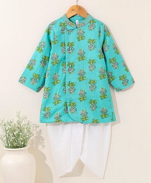 Babyhug Full Sleeves Cotton Kurta & Dhoti Set Printed- Mint