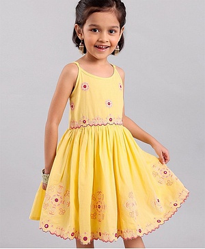Babyhug Singlet Sleeves Woven Ethnic Dress Floral Embroidery - Yellow