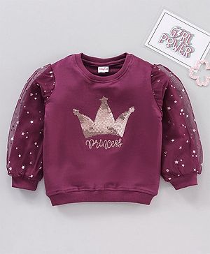 Babyhug Full Sleeves Cotton Knit Sweatshirt With Sequin & Mesh Detailing- Maroon