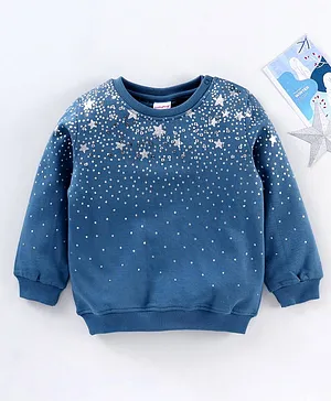 Babyhug Cotton Knit Full Sleeves Sweatshirt With Glitter Stars Print & Sequins Detailing - Teal Blue
