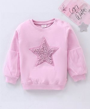 Babyhug Full Sleeves Cotton Knit Sweatshirt With Fur Embroidery & Mesh Detailing at Sleeves - Pink