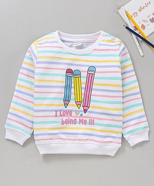 Babyhug Cotton Knit Full Sleeves Striped & Text Printed Sweatshirt - White