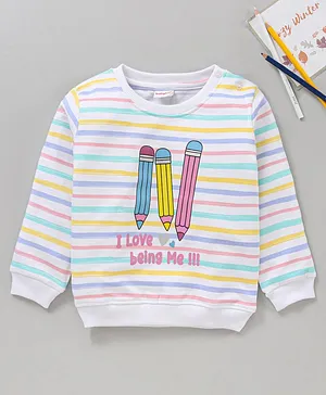 Babyhug Cotton Knit Full Sleeves Striped & Text Printed Sweatshirt - White