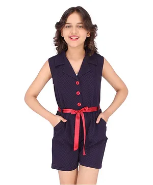 Cutecumber Sleeveless Polka Dot Print Shirt Style Jumpsuit - Navy Blue