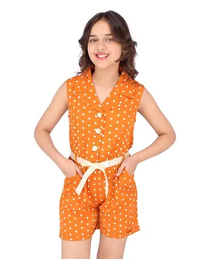 Cutecumber Sleeveless Polka Dot Print Shirt Style Jumpsuit - Rust